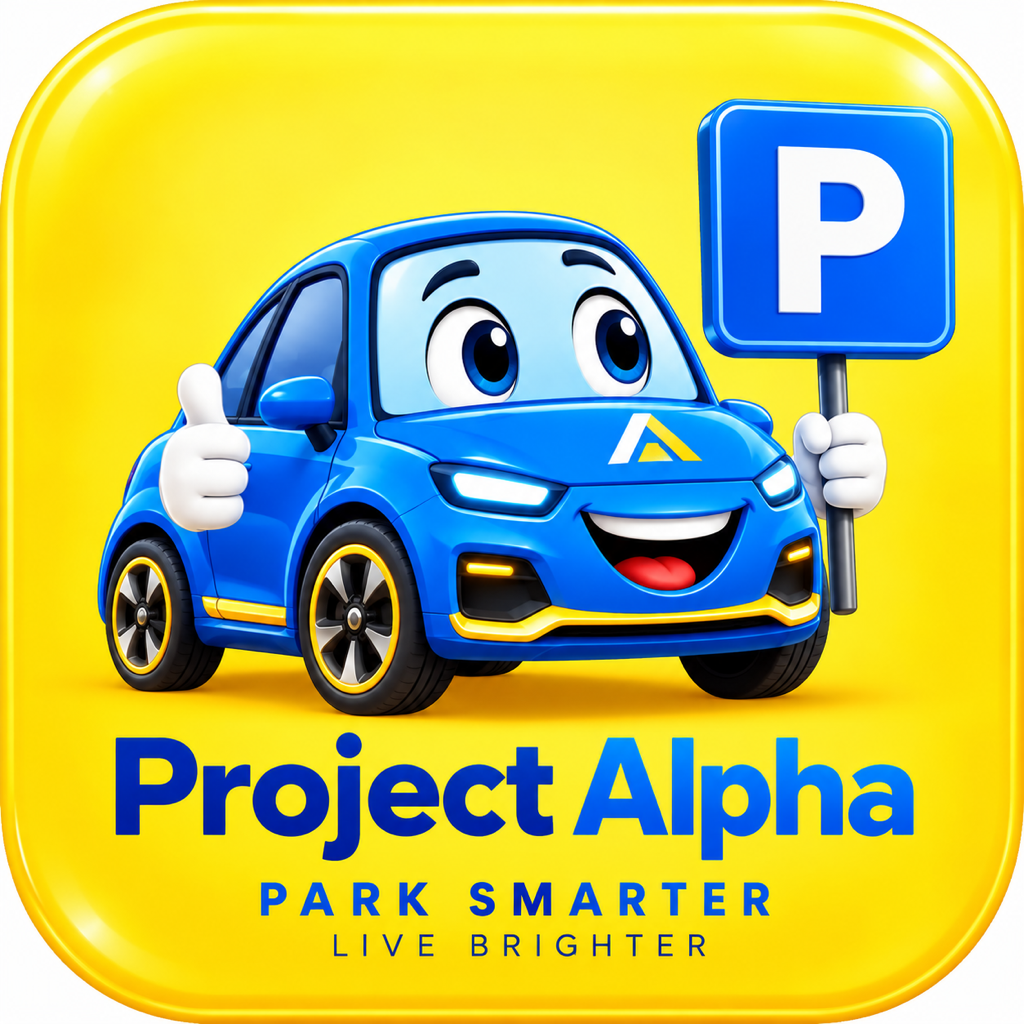 Project Alpha blue car mascot holding a parking P sign